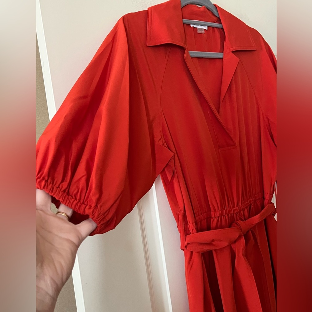 Calvin Klein Vibrant Reddish Orange Midi Dress with Waist Tie Women’s Size 4 - Picture 13 of 16
